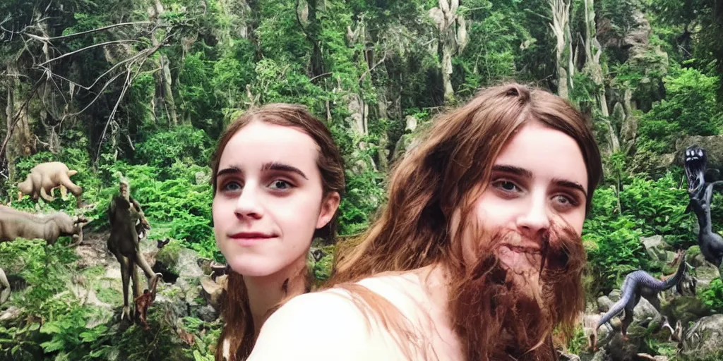 Prompt: photo, hairy fat cave people, emma!! watson!!, looking at camera, surrounded by dinosaurs!, gigantic forest trees, sitting on rocks, bright moon, birthday cake on the ground, front close - up view of her face, selfie, jelly! monster!