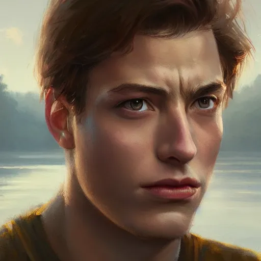 Image similar to peter parker closeup portrait, dramatic light, lake background, 2 0 0 mm focal length, painted by stanley lau, painted by greg rutkowski, painted by stanley artgerm, digital art, trending on artstation