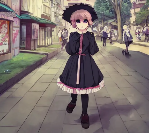 Image similar to a cute boy wearing a lolita dress, he is walking in a busy street, anime art, hd, smooth
