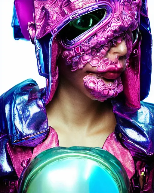 Prompt: natural light, soft focus portrait of a cyberpunk anthropomorphic turtle with soft synthetic pink skin, blue bioluminescent plastics, smooth shiny metal, elaborate ornate head piece, piercings, skin textures, by annie leibovitz, paul lehr