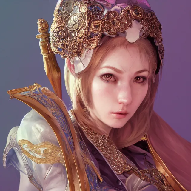 Image similar to studio portrait of neutral good colorful female cleric bard healer as absurdly beautiful, elegant, young skinny gravure idol, ultrafine hyperrealistic detailed face illustration by kim jung gi, irakli nadar, intricate linework, sharp focus, bright colors, matte, octopath traveler, final fantasy, unreal engine highly rendered, global illumination, radiant light, intricate environment