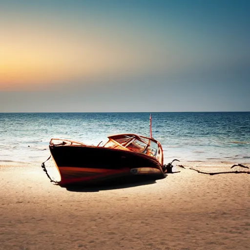 Prompt: beautiful woman on a beach at night and a boat behind her