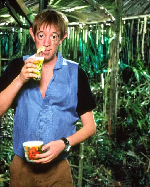 Image similar to rodney trotter drinking milk in a haunted jungle full of cheese at midnight with disco lights and dancing policeman