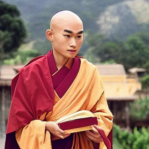 Image similar to Priest Tripitaka played by teenage Masako Natsume with bald head on a pilgrimage to India to fetch holy scriptures and save the world, IMAX Movie Still