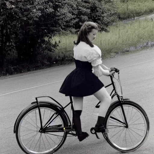 Image similar to a shy young woman is seen riding her bicycle while posing for a photograph in the 1 9 9 0 s on a rural road. she's dressed in a vintage alpine dirndl, a wool cardigan, brogue - style shoes, and bobby socks.