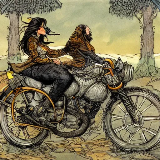 Prompt: elephant riding a motorcycle, art by rebecca guay