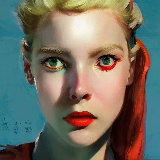 Image similar to Portrait of Billie Ellish as the heroine of a 1950s sci-fi movie poster art by Ruan Jia and Mandy Jurgens and Artgerm and william-adolphe bouguerea, highly detailed, trending on artstation, award winning,