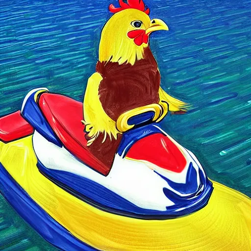 Image similar to digital art of a chicken on a jet ski, realistic, stylized, artstation, edward munch