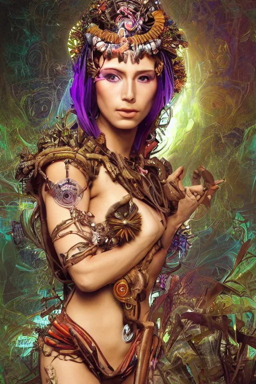 Image similar to cyberpunk aztec goddess in a zen rock garden, by Peter Kemp, by Artgerm, autumn, glamorous hairstyle, vermont fall colors, wearing translucent earthtone fashion, art nouveau by Brian Froud, berries, cosmic, gnostic, sacred geometry, glowing cybernetics, by Alphonse Mucha, highly detailed concept painting with cinematic lighting, trending on art station