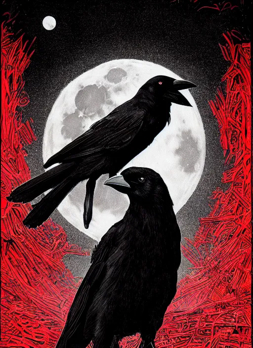 Image similar to portrait, A crow in front of the full big moon, book cover, red white and black colors, establishing shot, extremly high detail, foto realistic, cinematic lighting, pen and ink, intricate line drawings, by Yoshitaka Amano, Ruan Jia, Kentaro Miura, Artgerm, post processed, concept art, artstation, matte painting, style by eddie mendoza, raphael lacoste, alex ross