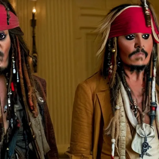 Prompt: donald trump acting next to jack sparrow in the pirates of the caribbean movie