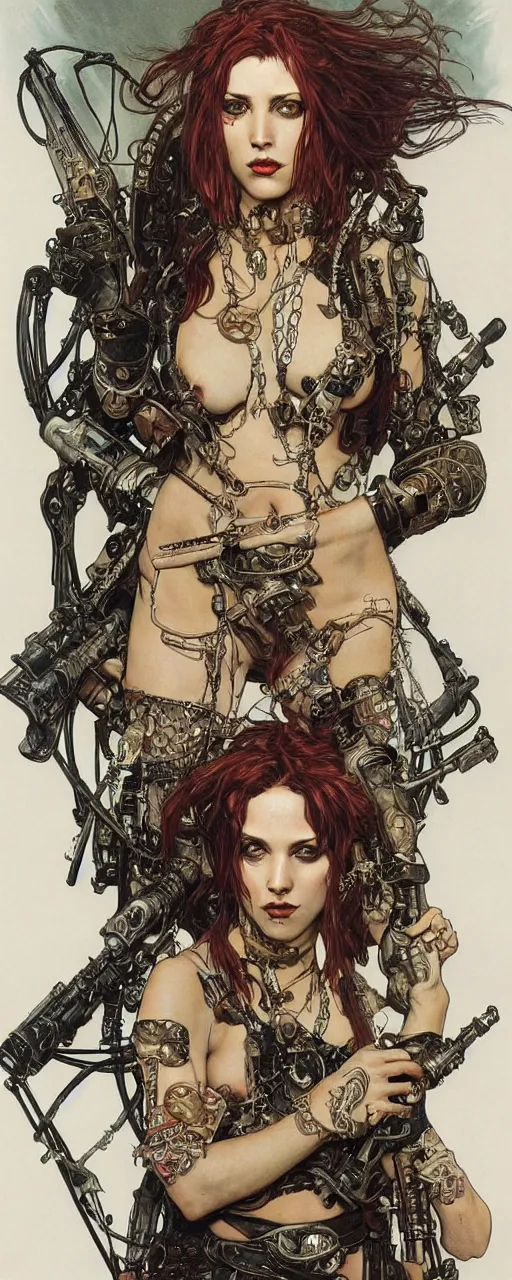 Image similar to striking sensual gorgeous crustpunk art nouveau portrait of cristina ricci as an ironpunk heavy metal rebel soldier by travis charest, simon bisley and alphonse mucha, photorealism, extremely hyperdetailed, perfect symmetrical facial features, perfect anatomy, ornate declotage, excited expression, wild eyes