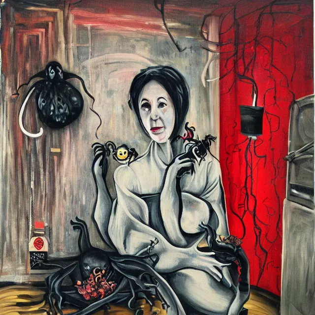 Prompt: a portrait in a dark apartment, rats, a widow holding an octopus, streetlamps, puddles, wild berries, ikebana, neo - expressionism, surrealism, acrylic and spray paint and oilstick on canvas