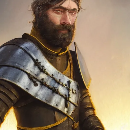 Image similar to Closeup of frustrated male medieval lieutenant with a {short} beard wearing a black!!!! and yellow tabard over a steel breastplate and a black gambeson looking up from a map on a table, intricate, dramatic lighting illustration by Greg Rutkowski, ArtStation, digital art, fantasy