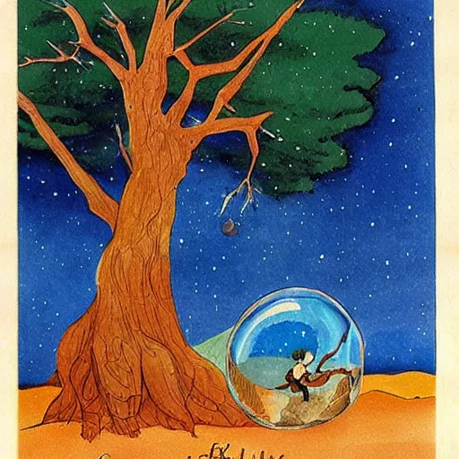 Prompt: a large tree rooted in a crystal planet floating in space, by exupery, the little prince