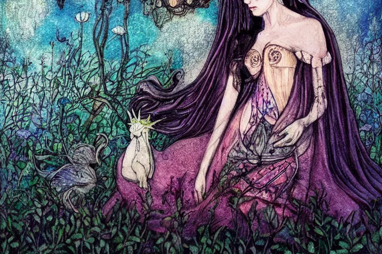 Prompt: Fairy witch art. whimsical ink drawings, pastel, Victorian costumes, dream imagery, eclectic symbolism, tarot card art by Paulina Cassidy. Photo-realistic UHDR, hyperrealism, very detailed, cinematic,