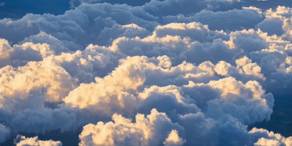 Prompt: Aerial photograph of cumulus clouds. Highly detailed. At golden hour. 35mm lens. Cinematic lighting. 4K.