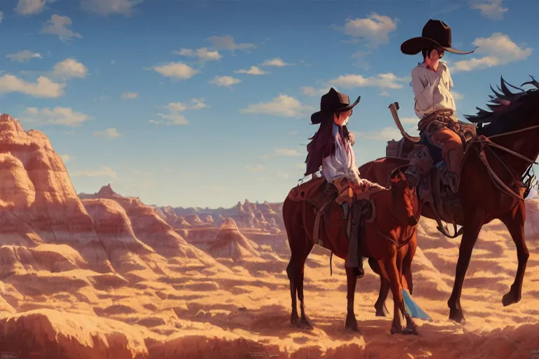 Image similar to western cowgirl in the badlands, single subject, scenic full shot, ambient lighting, detailed face, by makoto shinkai, stanley artgerm lau, wlop, rossdraws