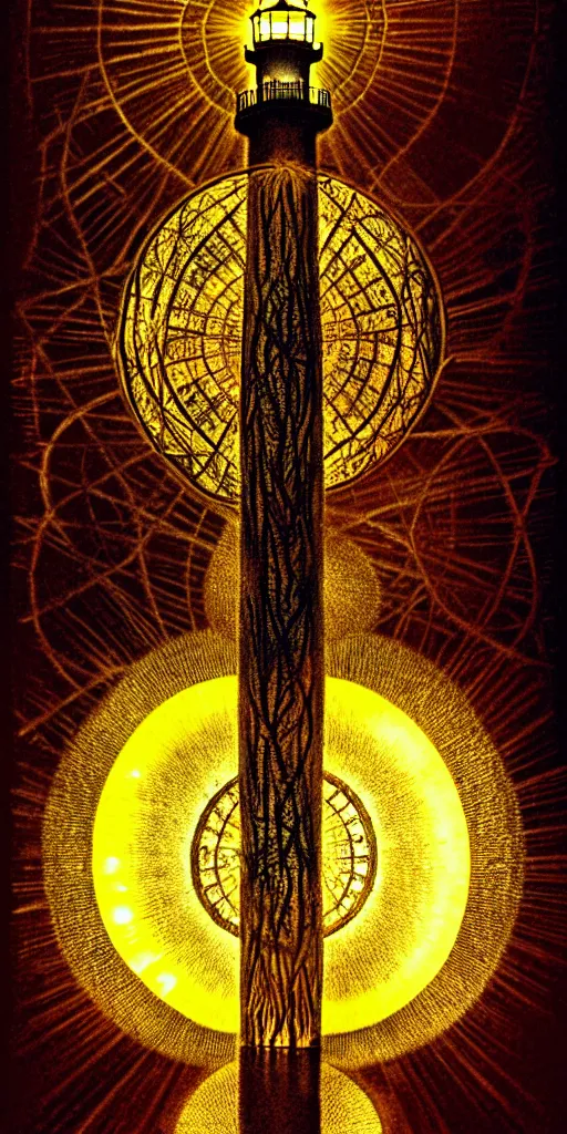 Prompt: an alchemical fiery lighthouse radiates a unique canto'as above so below'while being ignited by the spirit of haeckel and robert fludd, breakthrough is iminent, glory be to the magic within, in honor of saturn, dramtic lighting painted by ronny khalil