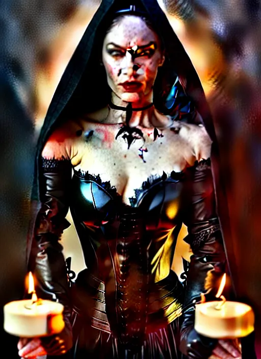 Image similar to megan fox witch queen, black eyes, blood, full body, intricate victorian dress, middle shot, cinematic lighting, studio quality, symmetrical eyes, artgerm, joshua middleton, rafael albuquerque, moody lighting, candles, art style by klimt, nixeu and ian sprigger and wlop and krenz cushart