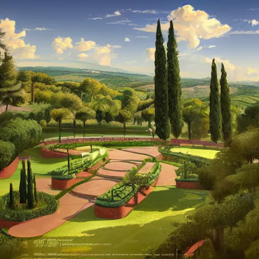 Prompt: overhead plan detailed tuscany landscape garden,, digital matte painting in the style of gil elvgren and in the style of h. r. giger and in the style of sachin teng. irony, recursion, inspiration.