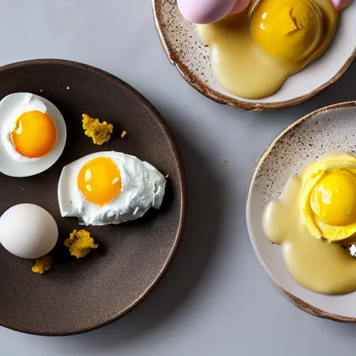 Prompt: ice cream with eggs and mustard on it, food photography, highly detailed
