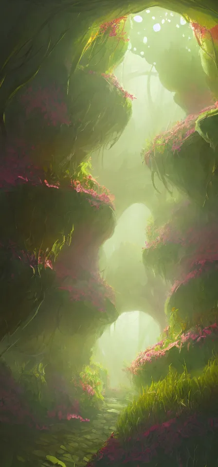 Prompt: smooth flowering underground forest. gouache painting by the award - winning concept artist, bloom, chiaroscuro, backlighting, depth of field.