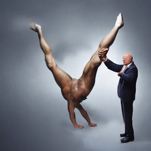 Image similar to UHD candid photo of Alex Jones as Hercules, standing on the head of Klaus Schwab's corpse, accurate face, UHD, photorealistic, correct face, photo by Annie Leibowitz