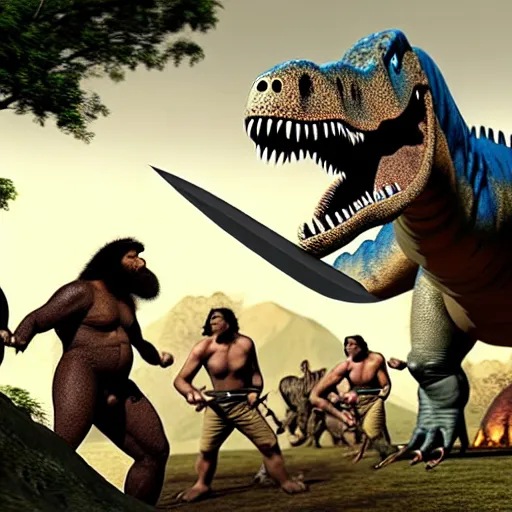 Image similar to A large dinosaur! fighting with several realistic detailed cavemen with proportioned bodies, next to the dinosaur are cavemen, the cavemen are armed with spears, the caveman are in a fighting stance, the cavemen are wearing animal furs, one caveman is stabbing the dinosaur with his spear, one caveman is cowering in fear, coarse canvas, visible brushstrokes, intricate, extremely detailed painting by Giorgione (and by Greg Rutkowski)