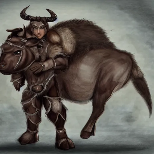 Image similar to cute drawing, female Minotaur warrior, brown fur with white spots, family friendly, armored, concept art