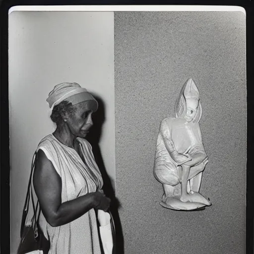 Prompt: jamel shabazz polaroid of a woman inspecting a sculpture by leonora carrington