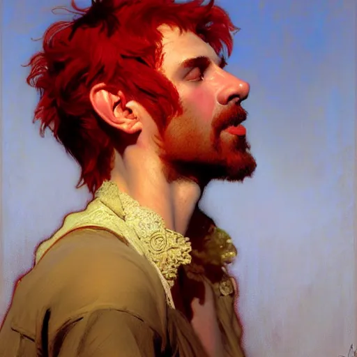 Prompt: poet boris the red looks into the eyes, a beautiful portrait, natural lighting, path traced, highly detailed, high quality, digital painting, by gaston bussiere, craig mullins, alphonse mucha j. c. leyendecker