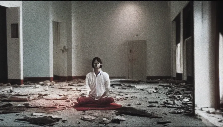 Prompt: 7 0 s film still from a horror movie about a person meditating inside of an abandoned mental hospital, kodachrome, cinecolor, cinestill, film grain, film texture, retro, cinematic, high resolution, photorealism,