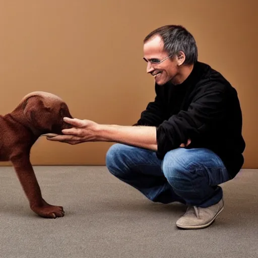 Image similar to Steve Jobs lovingly playing with a brown puppy, highly detailed, hyper realistic