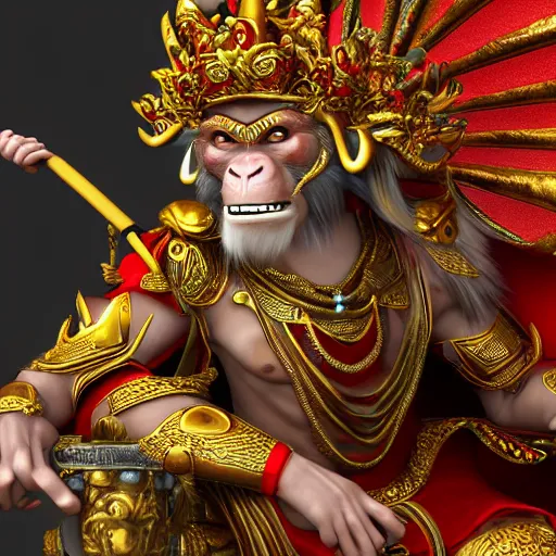 Prompt: monkey king godly lord of monkeys, wearing a crown, holding a staff, sitting in throne 8 k render high detail dark demon gothic style