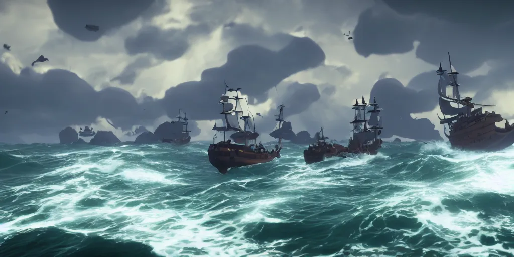 Image similar to a group of stingrays flying in the sky in a rough sea, sea of thieves style, greek temples flying, unreal engine, cinematic, waves, fog, clouds, rain