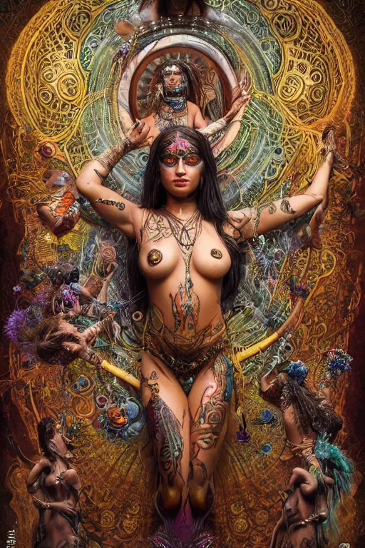 Image similar to a centered render of an mytical festival hippy with tribal tattoos wearing intricate metallic clothing surrounded by a underwater ink pour and flowing liquid gallium and sacred geometry, perfect body and face, gorgeous, cinematic, beautifully lit, by peter kemp, by karol bak, by donato giancola, 3 d, trending on artstation, octane render, 8 k