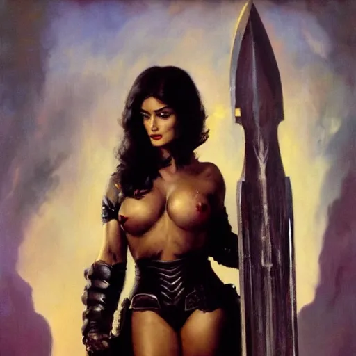 Image similar to a frank frazetta oil painting of selina gomez as a beautiful muscular salma hayek wearing black armor holding a large battle axe, dynamic shot, hd 4 k, intricate, highly detailed, atmospheric, sharp