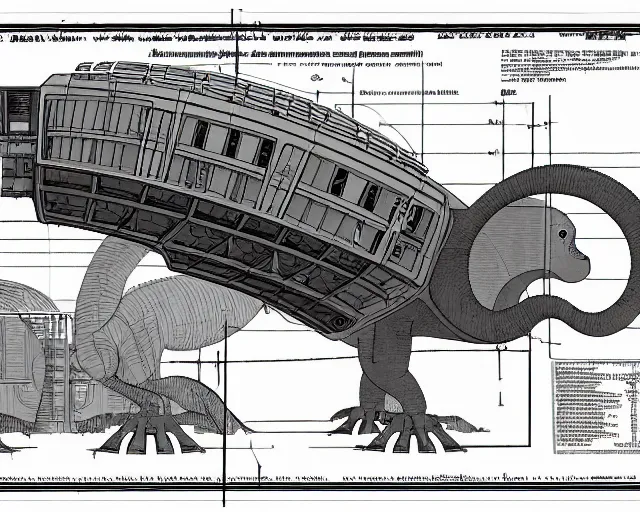 Image similar to a full page of a mechanical blueprint showing a cutaway design for a mechanized brontosaurus from howl's moving castle ( 2 0 0 4 ), with people inside piloting it, muted colors, post grunge, studio ghibli, hq,