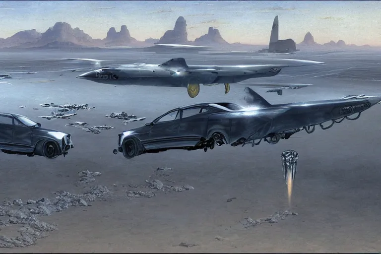 Image similar to toyota corolla with rocket engines breaking the sound barrier across salt flats sonic boom dieselpunk by caspar david friedrich and wayne barlowe and ted nasmith