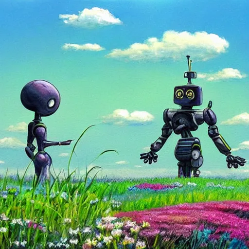 Prompt: A beautiful painting of a robot died in the flowers and grass, Clouds in the blue sky, Ghibli Studio