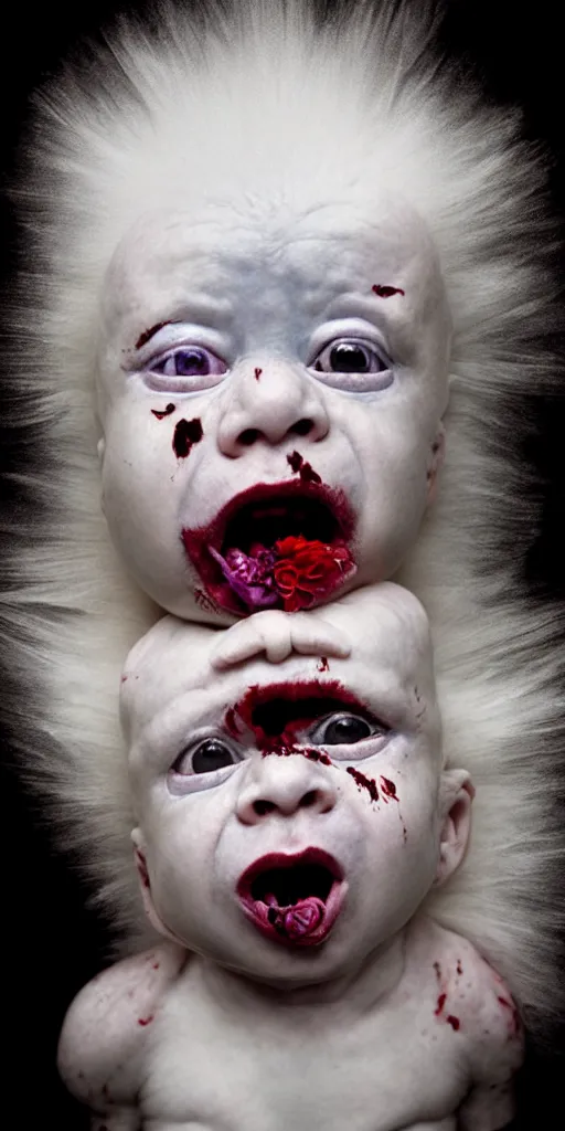 Prompt: award winning photo of screaming albino baby, draped in velvet and flowers, crying black oil, spitting blood, vivid colors, happy, symmetrical face, beautiful open eyes, studio lighting, wide shot art by sally mann & arnold newman