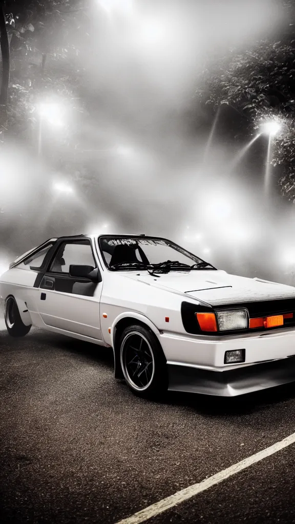 Image similar to a trueno ae 8 6 with pop up headlights, cinematic, long exposure, white balance, 8 k, led, lumen global illumination, fog, ray tracing reflections