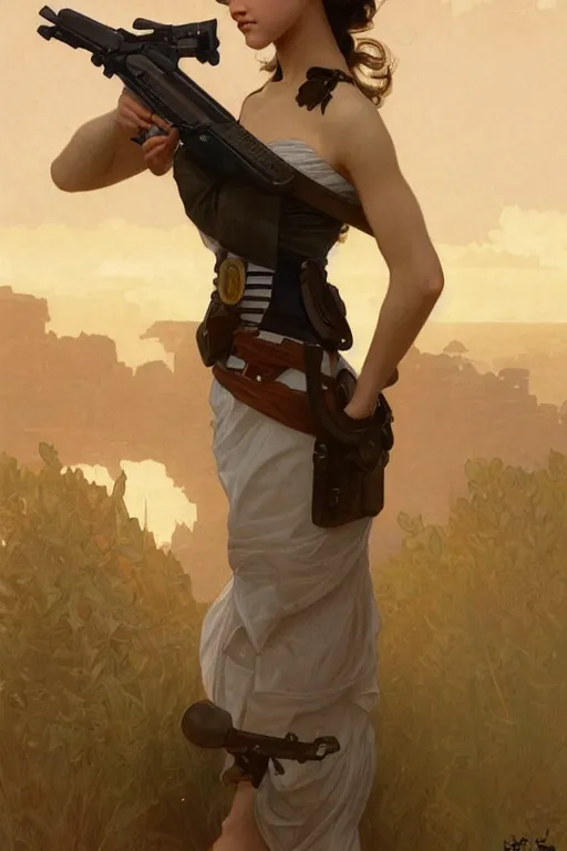 Prompt: girl holding a gun, intricate, elegant, highly detailed, digital painting, artstation, concept art, smooth, sharp focus, illustration, art by artgerm and greg rutkowski and alphonse mucha and william - adolphe bouguereau