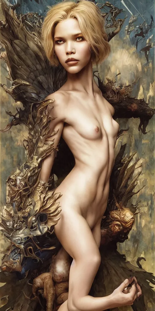 Image similar to epic masterpiece full body portrait sasha luss, beautiful face and flawless skin, perfect hands by Edgar Maxence and Ross Tran and Michael Whelan, Boris Vallejo, Luis Royo, Frank Frazetta, Brom, Lorenzo Sperlonga, Gred Rutkowsky