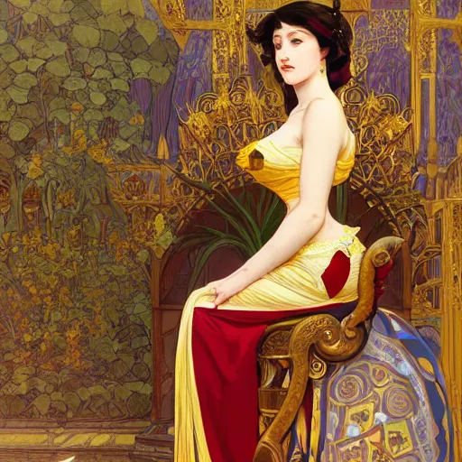 Image similar to condescension of a proud queen to a servant kneeling before her, yellow eyes, sitting in a chair while posing for a photo, highly detailed, digital painting, artstation, smooth, sharp focus, illustration, art by artgerm and alphonse mucha, high definition digital art, in the style of ilya kuvshinov and Ross tran