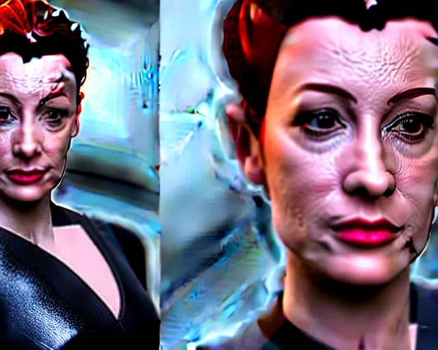 Prompt: hyper realistic photograph of the young bajoran kira nerys from star trek, three quarter shot, medium shot, f 1. 4, 3 5 mm, unreal engine