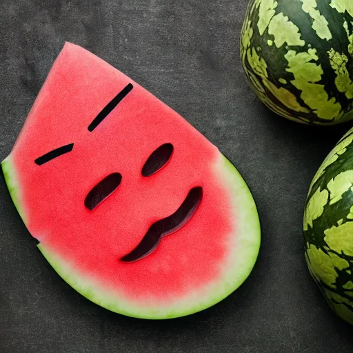 Prompt: a watermelon with the face of mike ehrmantraut carved into it. realistic photograph, intricate details