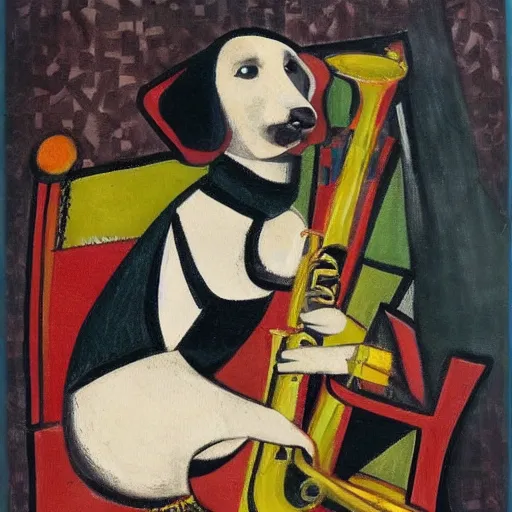 Image similar to dog playing the saxophone, sitting on the couch, medieval portrait, cubism