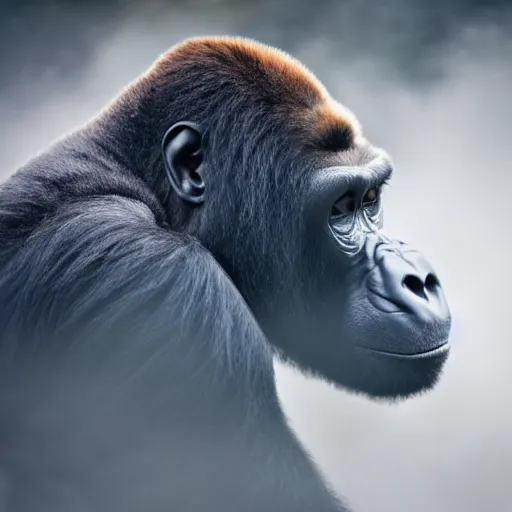 Image similar to a gorilla doing meditation in a mystical landscape, beautiful, misty